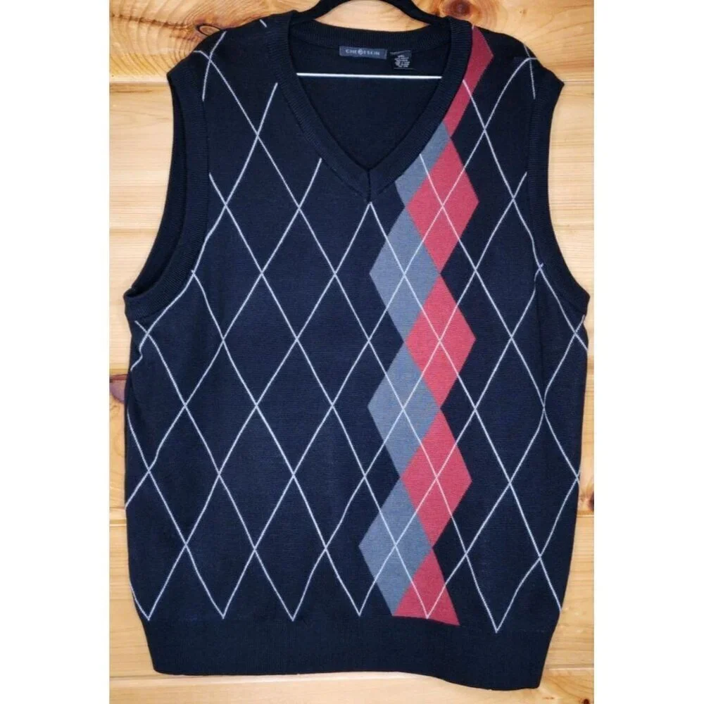 Chereskin Mens Size XXL Sweater Vest Dusty Red Gray Black Argyle 100% Acrylic
